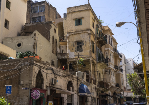 Old lebanese heritage buildings with electric wires, Beirut Governorate, Beirut, Lebanon