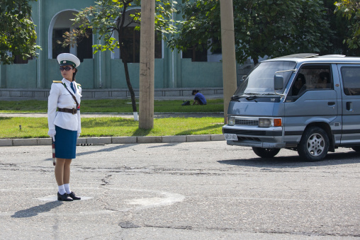 North Korean female traffic security officer in the street, DGC, Pyongyang, North Korea
