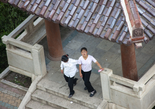 North Korean women in a pagoda, North Hwanghae, Sariwon, North Korea