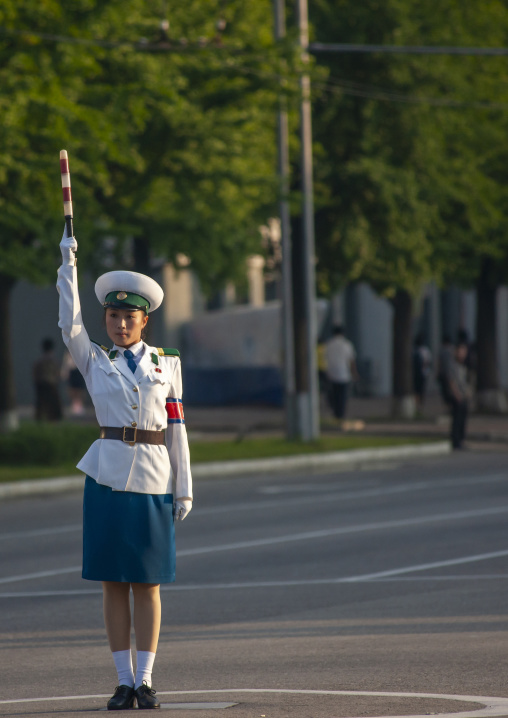 North Korean female traffic security officer in the street, DGC, Pyongyang, North Korea