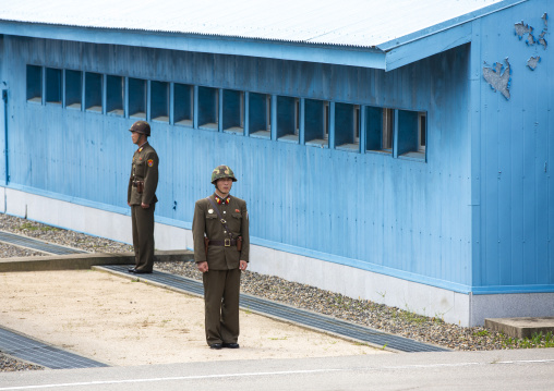 North Korean soldiers with helmets standing in the DMZ, North Hwanghae, Panmunjom, North Korea