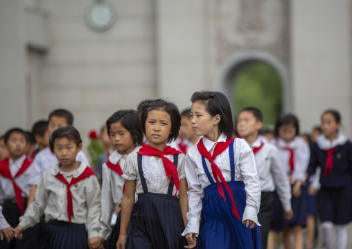North Korean pioneers in the street, DGC, Pyongyang, North Korea