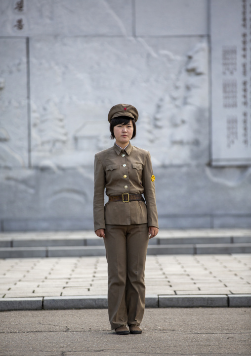 North Korean female guard at Mansudae art studio, DGC, Pyongyang, North Korea