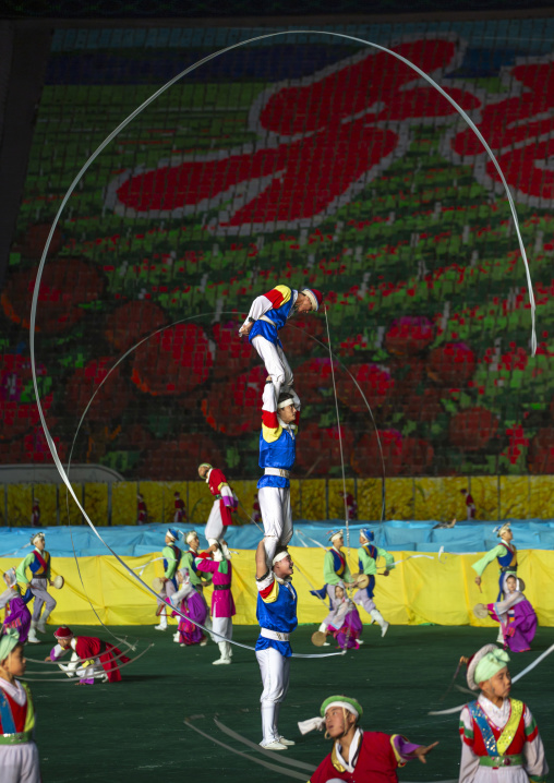 North Korean pungmul performers during the Arirang mass games, DGC, Pyongyang, North Korea