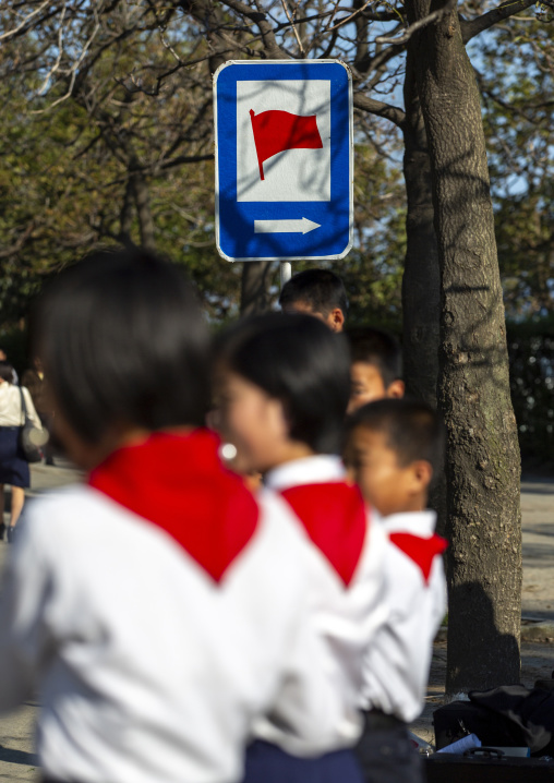 North Korean pioneers playing music in the street, Kangwon Province, Wonsan, North Korea