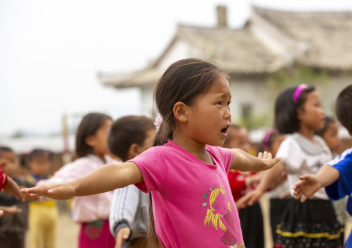 North Korean children making morning gymnastics at school, South Hamgyong, Hamhung, North Korea