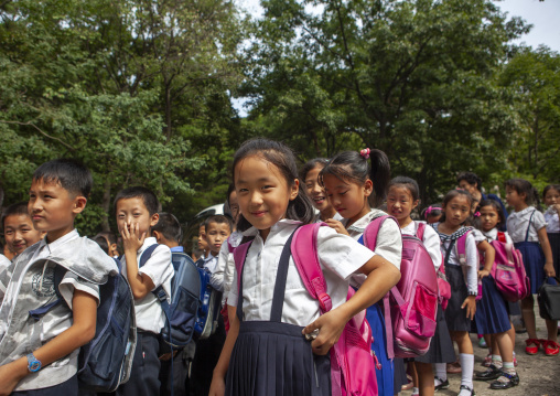 North Korean children with bags on their backs, DGC, Pyongyang, North Korea