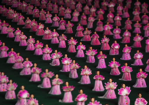 North Korean women dancing in choson-ot during the Arirang mass games, DGC, Pyongyang, North Korea
