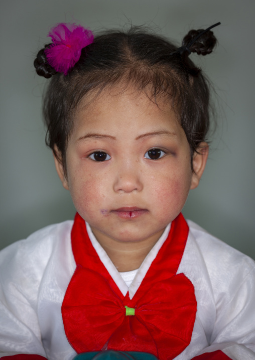 North Korean girl dressed in choson-ot in an orphanage, South Pyongan, Nampo, North Korea