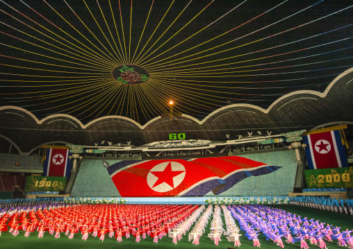 Children holding up boards during Arirang to create Nort korean flag, DGC, Pyongyang, North Korea