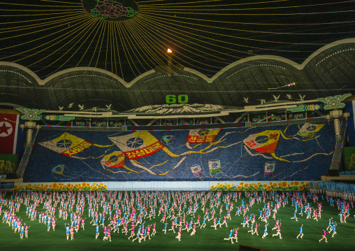 Children pixels holding up colored boards during Arirang mass games, DGC, Pyongyang, North Korea