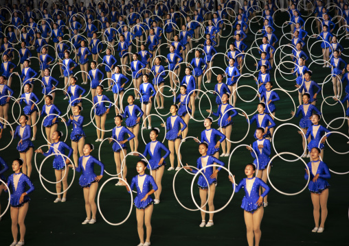 North Korean gymnasts with hoops performing during the Arirang, DGC, Pyongyang, North Korea