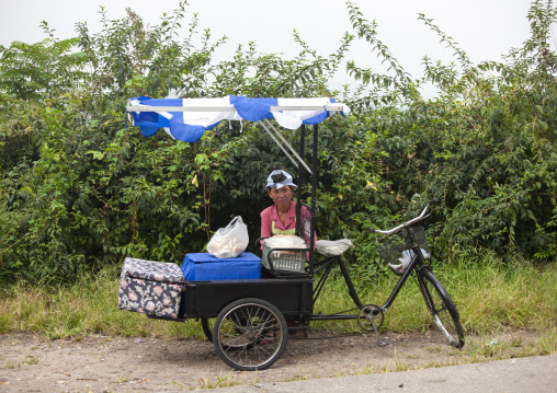 North Korean woman selling drinks in the street, DGC, Pyongyang, North Korea