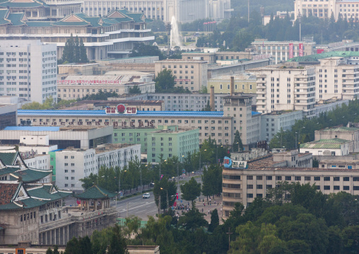 High angle view of buildings in the city center, DGC, Pyongyang, North Korea