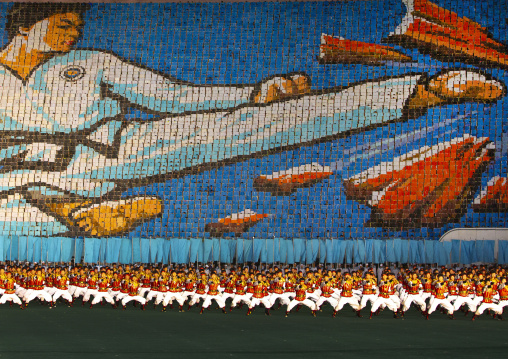 Children holding up boards during Arirang to create a taekwondo fighter, DGC, Pyongyang, North Korea