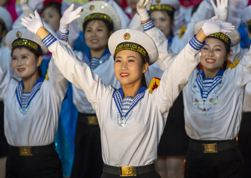 North Korean women dressed as sailors during the Arirang mass games, DGC, Pyongyang, North Korea
