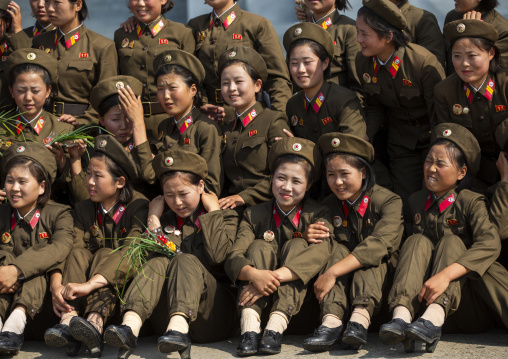 North Korean soldiers women smiling while posing for a photo, DGC, Pyongyang, North Korea