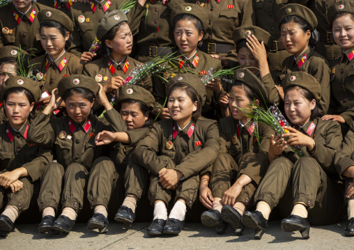North Korean soldiers women smiling while posing for a photo, DGC, Pyongyang, North Korea