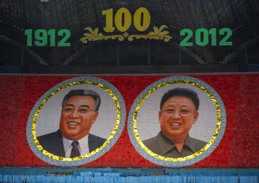 Leaders portraits made by children pixels holding up boards during Arirang, DGC, Pyongyang, North Korea
