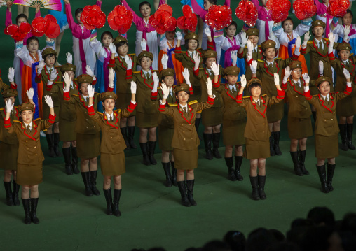 North Korean women dressed as soldiers during the Arirang mass games, DGC, Pyongyang, North Korea