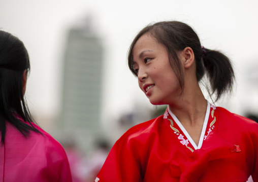 Students dancing on day of the foundation of the republic, DGC, Pyongyang, North Korea