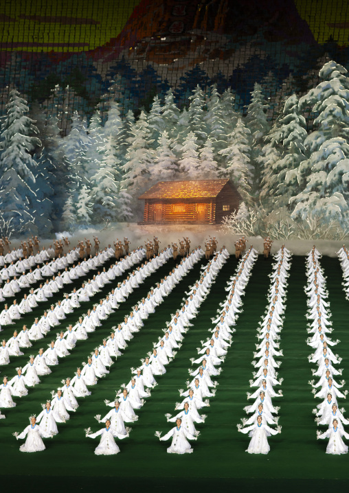 Dancers performing in front of Kim Jong il native house during Arirang mass games, DGC, Pyongyang, North Korea