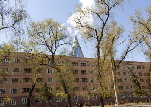 Building with the pyramid-shaped Ryugyong hotel in the back, DGC, Pyongyang, North Korea