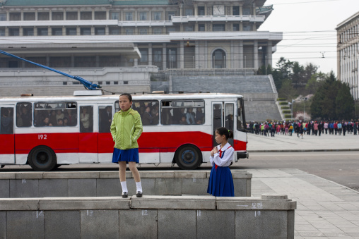 North Korean girls in Kim il Sung square, DGC, Pyongyang, North Korea