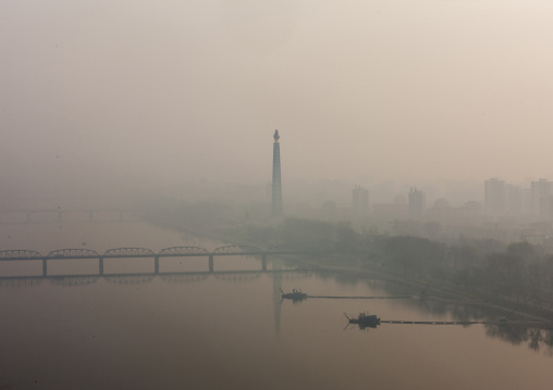 View of the Juche tower and Taedong river, DGC, Pyongyang, North Korea