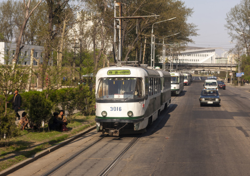 White tramway in the city, DGC, Pyongyang, North Korea