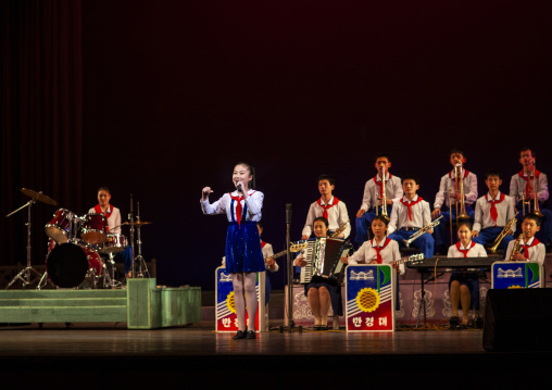 Pioneers singing during a show at Mangyongdae children's palace, DGC, Pyongyang, North Korea