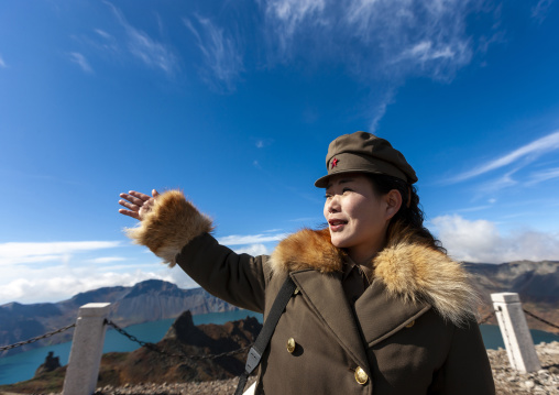 North Korean guide at the top of mount Paektu, Ryanggang, Mount Paektu, North Korea