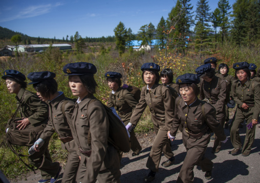 Troop of North Korean female students in pilgrimage to mount Paektu, Ryanggang, Samjiyon, North Korea