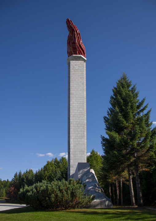 Flame monument at the Grand monument of lake Samji, Ryanggang, Samjiyon, North Korea