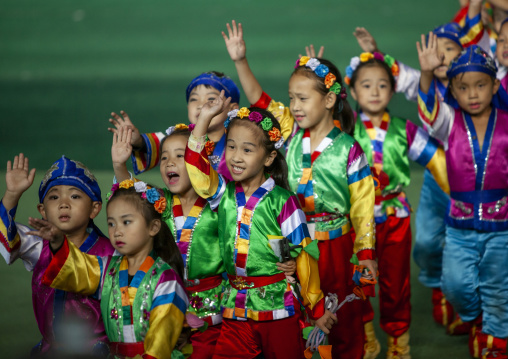 North Korean children gymasts during the Arirang mass games, DGC, Pyongyang, North Korea