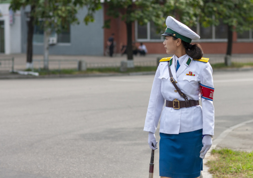 North Korean female traffic security officer in the street, DGC, Pyongyang, North Korea