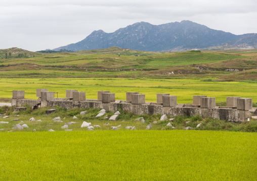 Anti tank invasion concrete blocks on the roadside on the DMZ, North Hwanghae, Panmunjom, North Korea