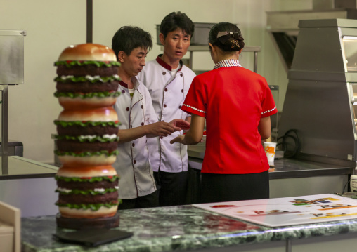 Giant hamburger in a fast food restaurant, DGC, Pyongyang, North Korea