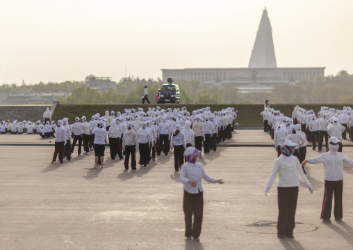 Young women in a mass games rehearsal in the city, DGC, Pyongyang, North Korea