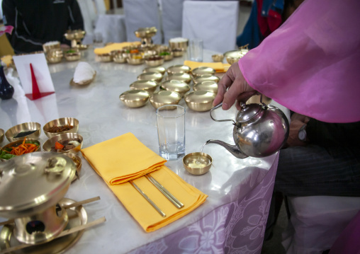 Traditional meal for tourists in a Korean restaurant, North Hwanghae, Kaesong, North Korea