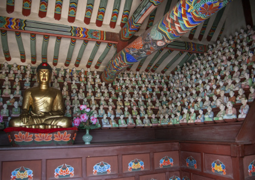 Students statues of buddha inside Anhwa buddhist temple, North Hwanghae, Kaesong, North Korea