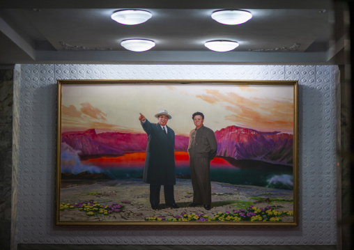 Painting of Kim il Sung and Kim Jong il in front of mount Paektu, Kangwon Province, Wonsan, North Korea