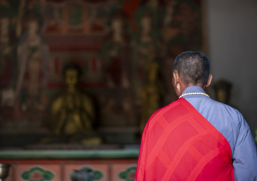 North Korean buddhist monk in kaesin sa temple on mount Chilbo, North Hamgyong, Chilbosan, North Korea