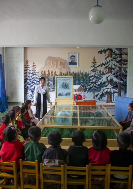 Pupils with a teacher in a classroom, South Pyongan, Chongsan-ri Cooperative Farm, North Korea