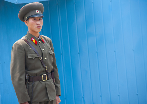 North Korean soldier standing on the demarcation line in the DMZ, North Hwanghae, Panmunjom, North Korea