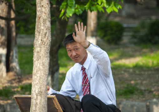 North Korean student saying hello with the hand, North Hwanghae, Kaesong, North Korea