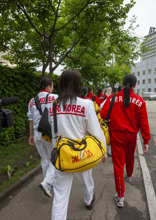 North Korean sport team in the street, DGC, Pyongyang, North Korea