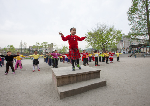 North Korean children making morning gymnastics at school, North Hwanghae, Kaesong, North Korea