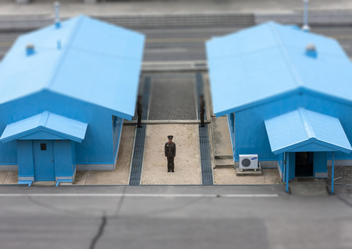 North Korean soldiers on the demarcation line in the DMZ, North Hwanghae, Panmunjom, North Korea