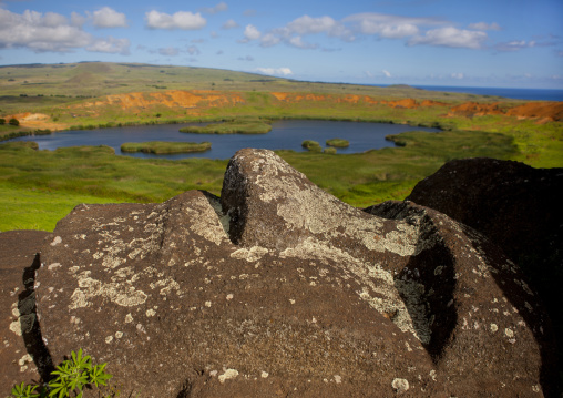Lying moai over rano raraku lake, Easter Island, Hanga Roa, Chile